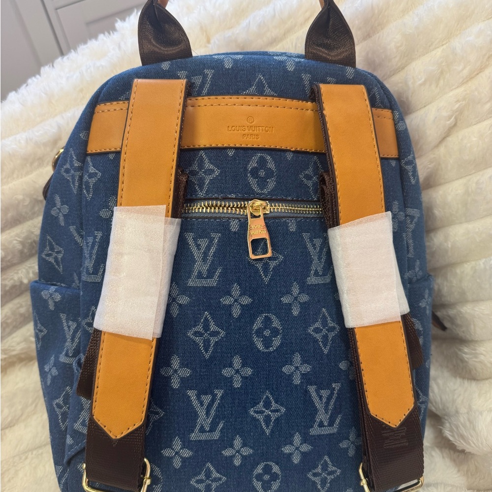 Source Unknown Blue Monogram Backpack with Tan De… - image 2